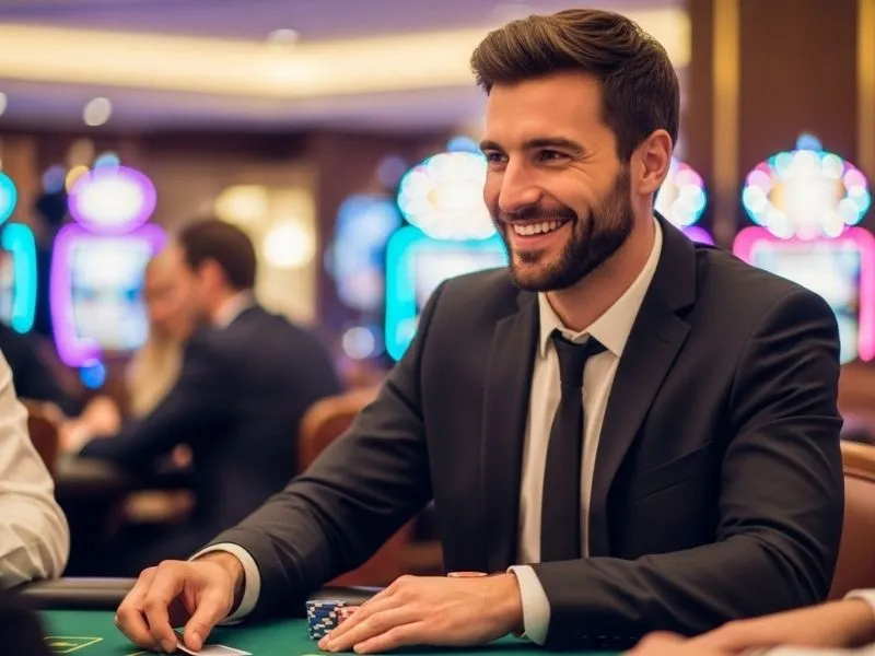 Man cheerfully playing table games at SW888 online casino, enjoying his winning moment.