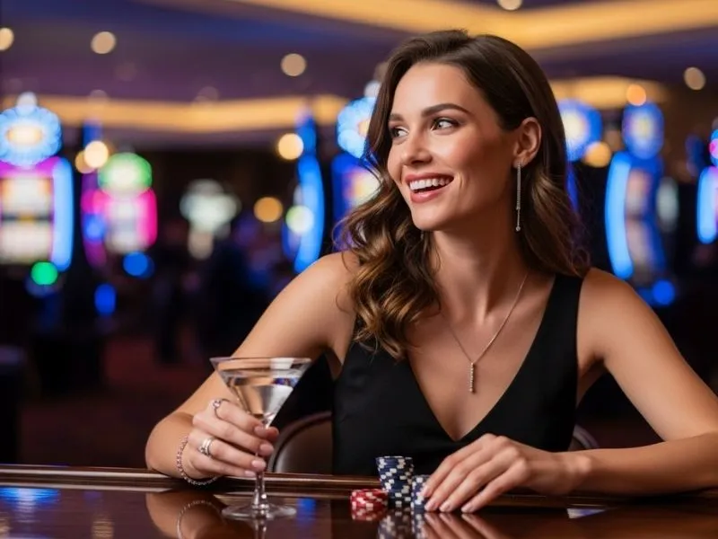 Smiling lady enjoying the lively atmosphere at SW888 online casino.