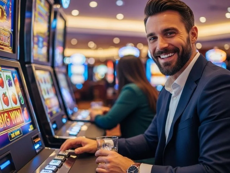 Man smiling while playing slot machines at VVJL Online Casino.