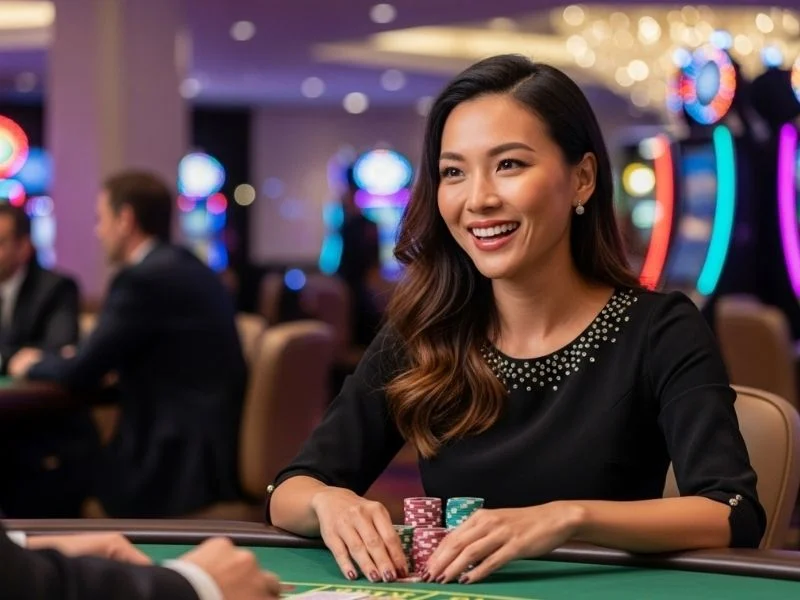 Woman happily winning at a blackjack table in a casino while playing with win88bet.