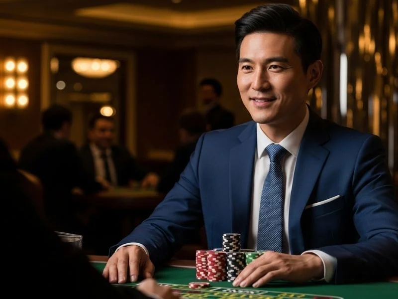 Man smiling while playing with colorful casino chips at a table, enjoying his winnings at Win88Bet.