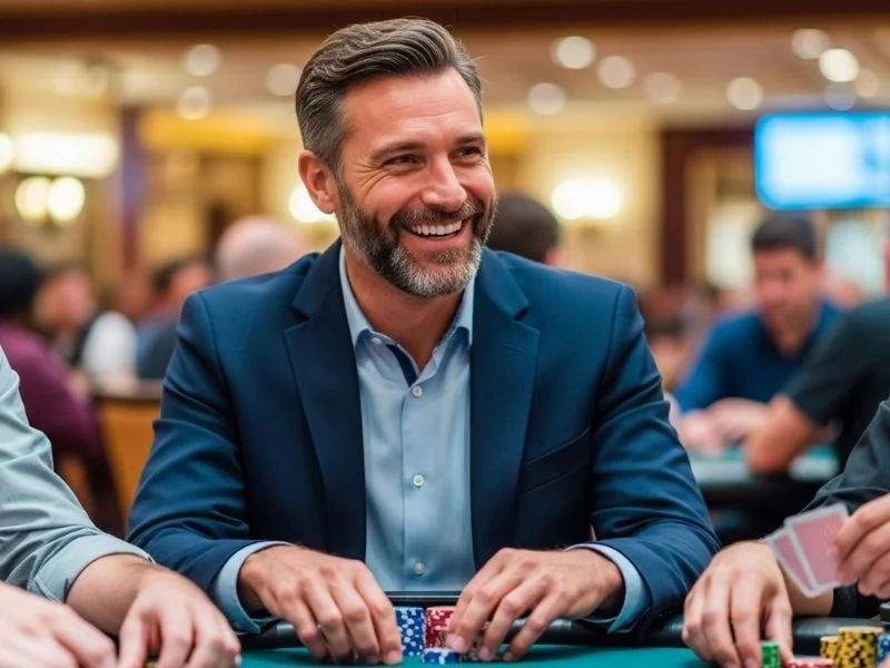 Smiling elderly man playing card games at a casino table with excitement, representing Win88Bet online casino.