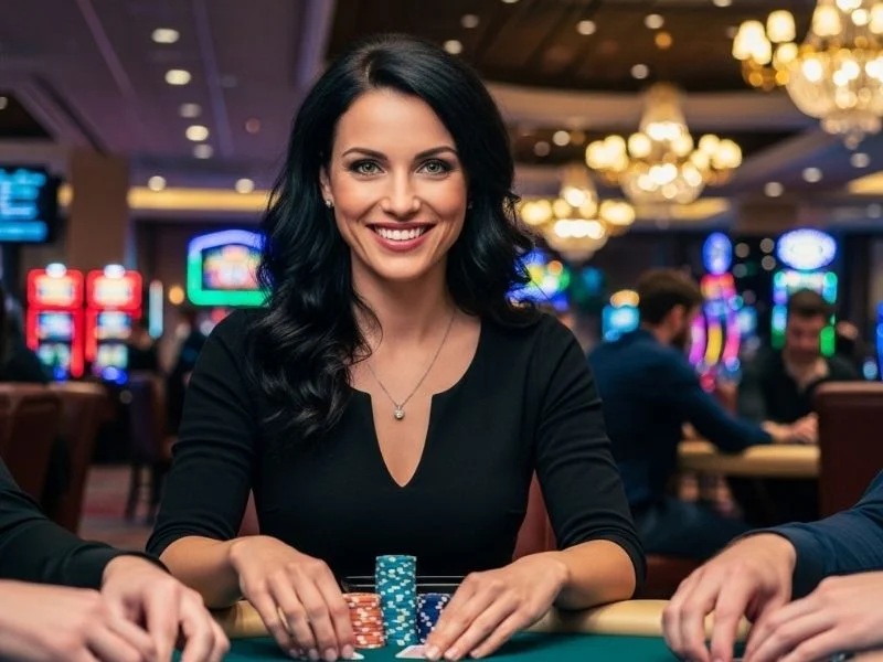 Woman celebrating a poker win at a casino table, enjoying her victory with chips in hand – Win88Bet excitement.