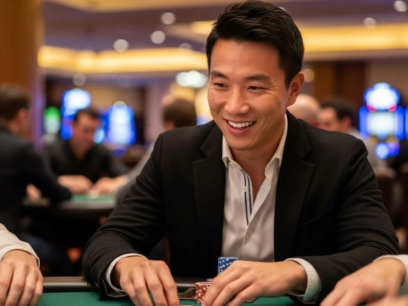 Man happily playing baccarat with friends at a casino table, enjoying the experience at X8 Casino.