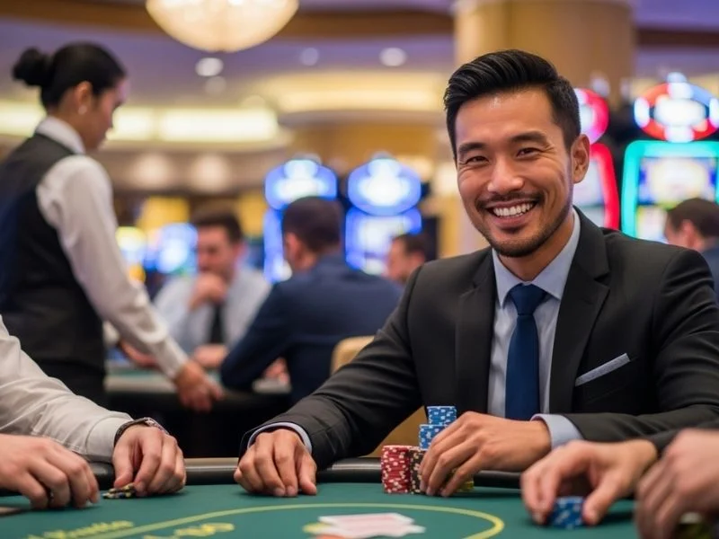 Woman happily winning at a casino table while playing, enjoying her experience at X8 Casino.