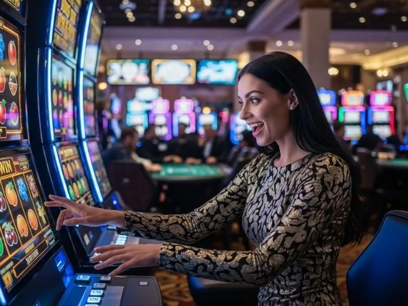 Happy woman playing slot machines at a casino, enjoying her wins at 100 Jili Casino.