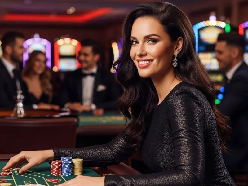 Woman happily betting at casino table games, enjoying her time at 100 Jili Casino