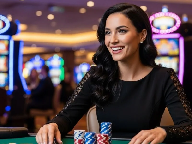 Woman smiling and enjoying a night of casino games at 100 Jili Casino