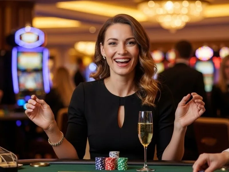 Woman celebrating her win with a stack of chips at a physical casino, representing the excitement of BBJL Online Casino.