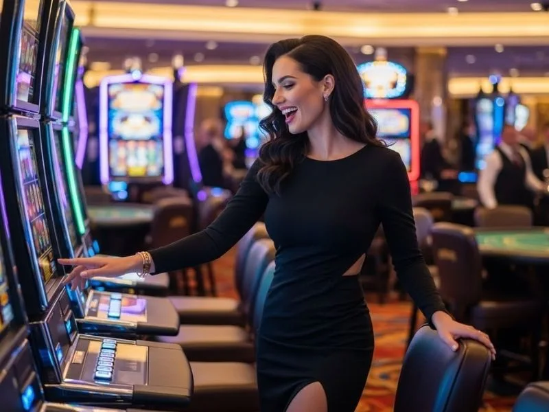 Woman happily enjoying a slot machine game at a physical casino, inspired by Bet88 Com online casino excitement.