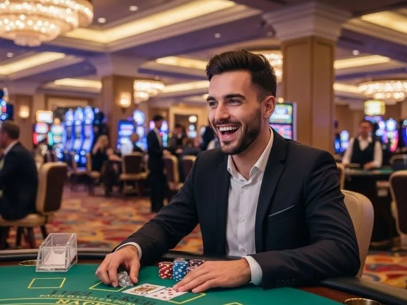 Man smiling while playing card games in a physical casino with Bingo Plus Card branding