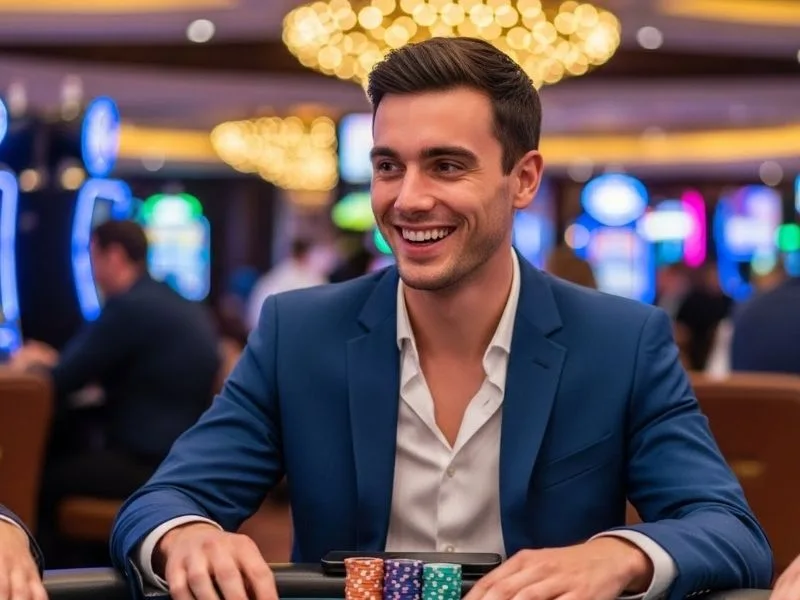 Smiling man holding poker chips in front of him at a casino table, enjoying a game while representing Bingo Plus Card.