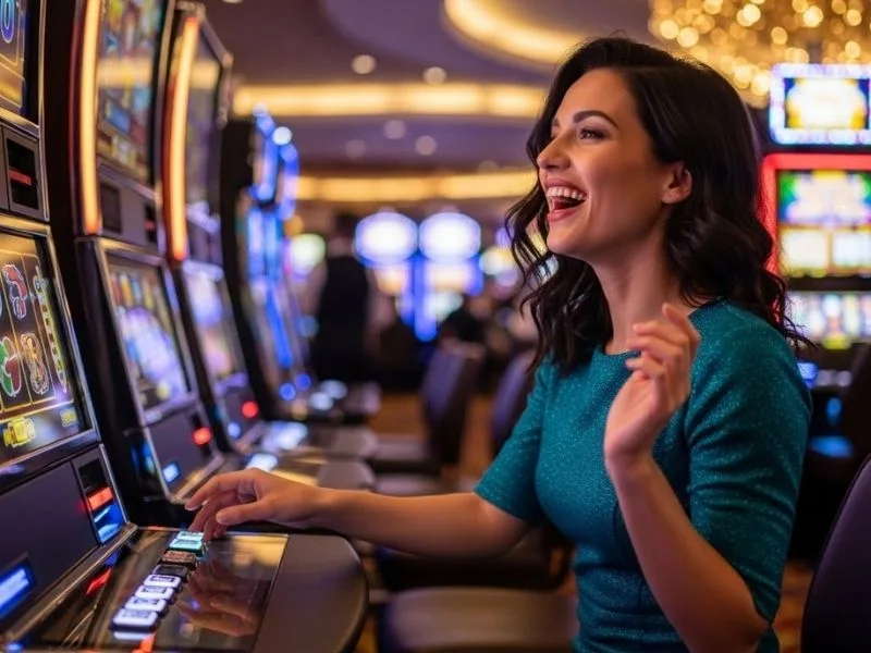 Woman smiling while playing slot games at a physical casino with excitement, enjoying the thrill of bingo plus card.