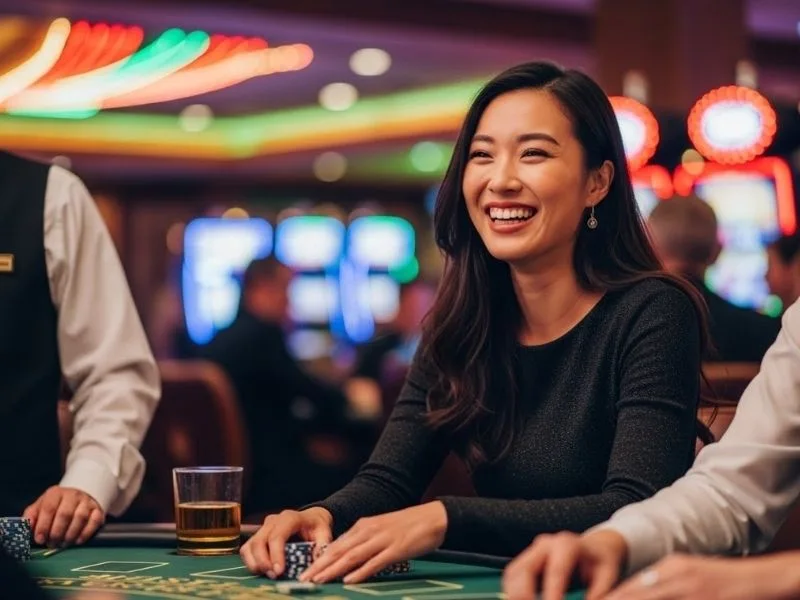 Happy woman enjoying casino games in a real casino, representing the excitement of Bingo Plus Free 20.