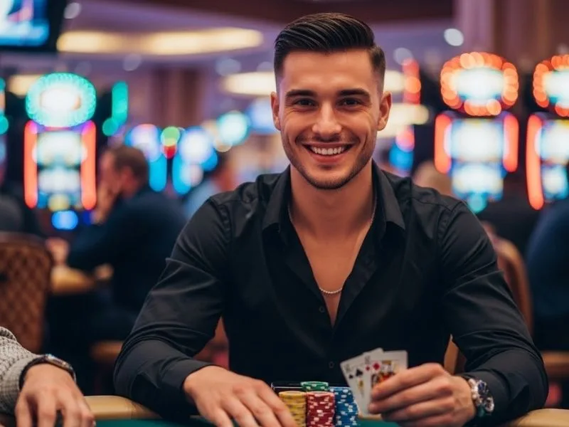 Man happily playing casino card games at a real casino, enjoying the excitement of Bingo Plus Free 20.