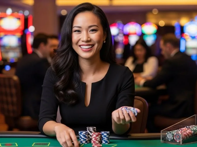 Happy woman holding poker chips at a casino table, enjoying her winnings, related to Bingo Plus.net online casino.
