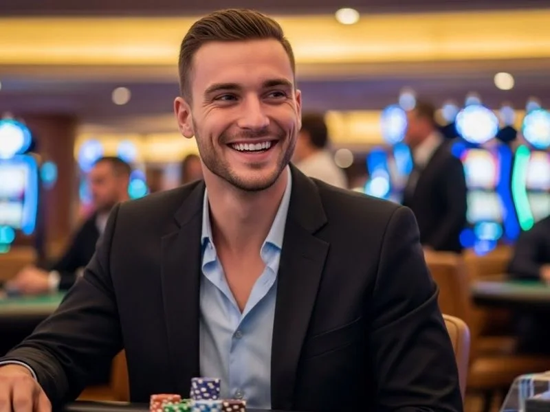 Happy woman enjoying table games at a physical casino while promoting Bingo Plus.net online casino