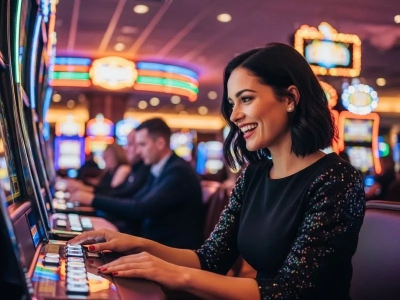 Smiling woman playing slot machines in a casino, enjoying her gaming experience, representing bingo plus.net.