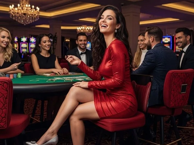 Woman smiling while playing poker cards with friends at a physical casino, enjoying a lively gaming experience – bingo plus.net.