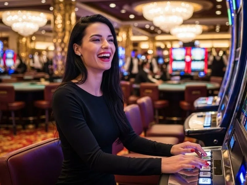 Happy woman playing slot machines at a physical casino, enjoying her bingo time experience