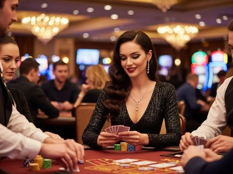 Lady happily playing card games at a casino table, enjoying the excitement of Bingo Time.
