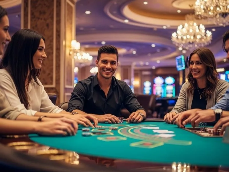 Friends smiling and enjoying card games at a physical casino, representing the excitement of Extreme Gaming 888.