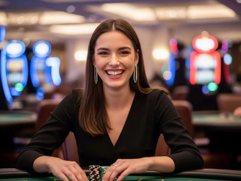 Smiling woman sitting at a casino table with chips, enjoying her game at a physical casino, representing Extreme Gaming 888.