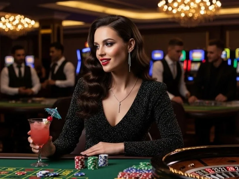 Happy woman enjoying a roulette game at a physical casino with excitement, showcasing the thrill of Go Perya.