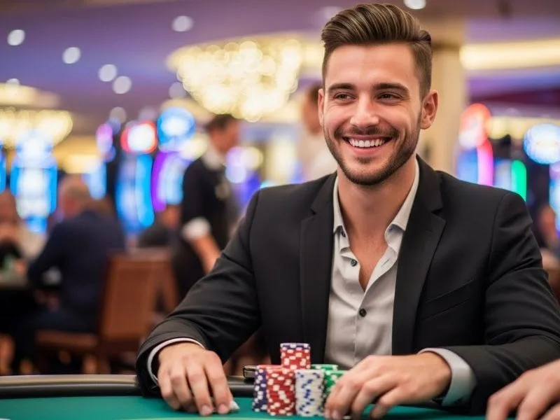 Smiling man sitting with casino chips at a real casino enjoying Go Perya games