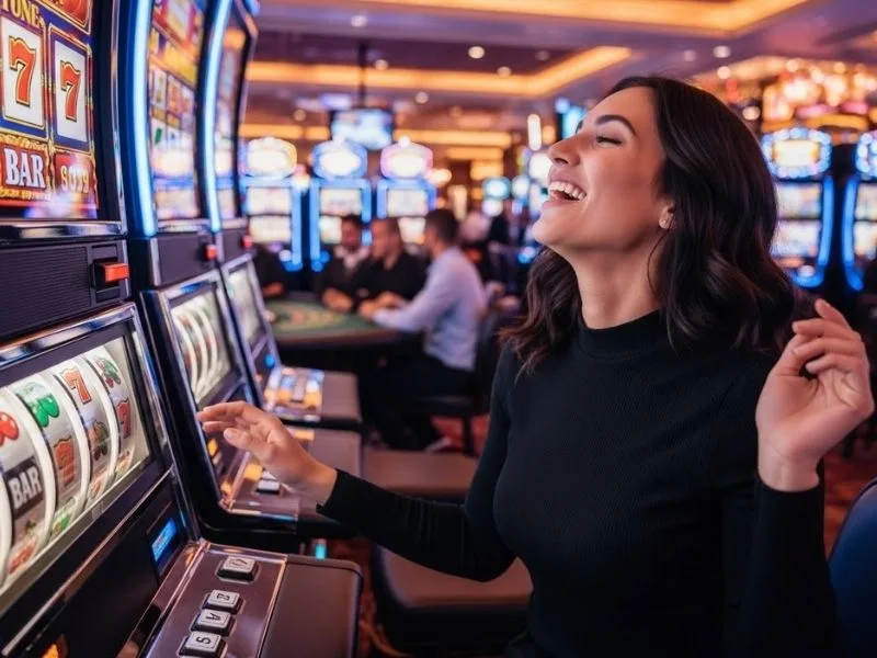 Woman smiling while playing slot machines at a casino, enjoying her time at Go Perya.