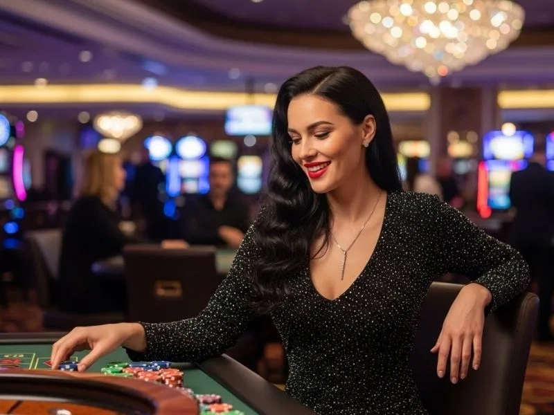 Lady smiling while playing roulette at a real casino, enjoying the excitement of gta online casino dlc.