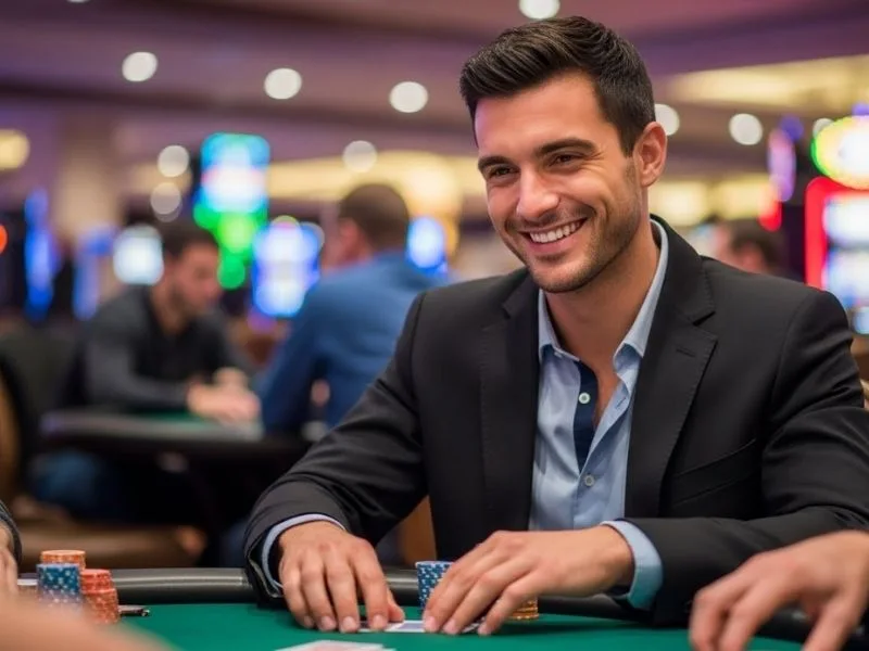 Man smiling and enjoying casino night games at a real casino, highlighting excitement from GTA Online Casino DLC.