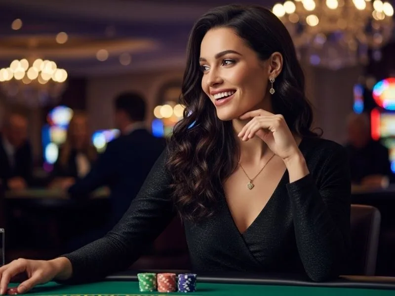 Woman smiling while playing blackjack at a physical casino table, enjoying the excitement of GTA Online Casino DLC.