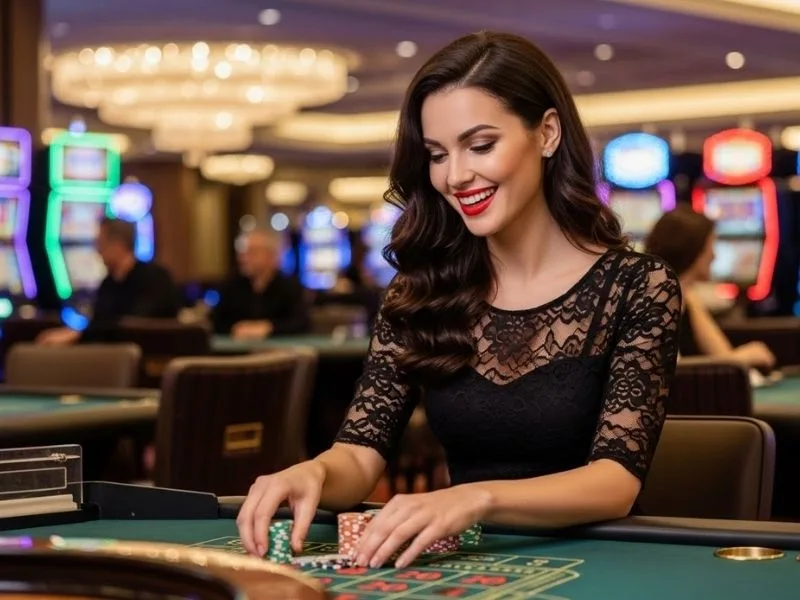 Happy woman playing roulette at a luxury casino table inspired by the excitement of lodi 291 online casino