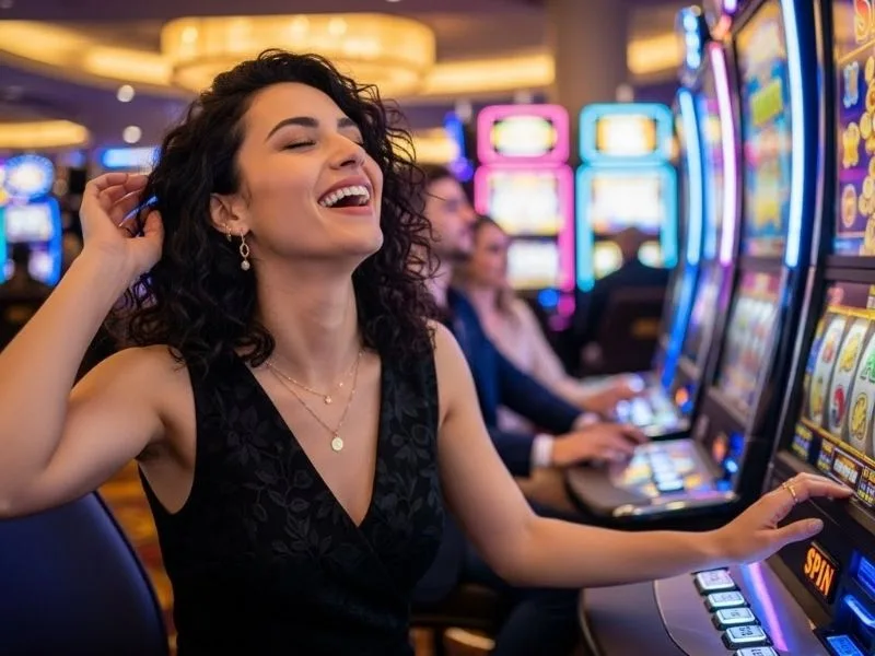Lady happily playing slot machines in a real casino inspired by the excitement of lodi 291 online casino
