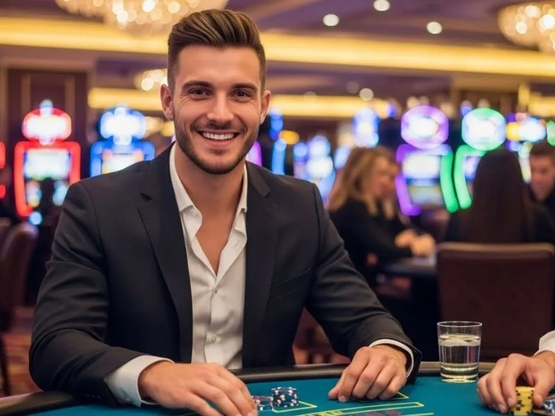 Man smiling while enjoying casino games inspired by the thrilling experience of lodi 291 online casino