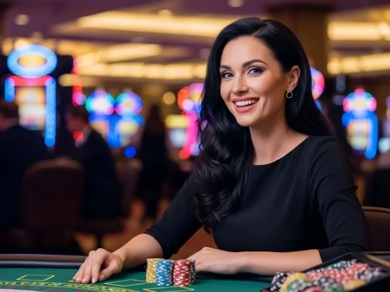 Smiling woman enjoying a real casino table with chips, representing excitement at Merry PH Online Casino.
