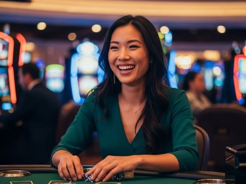 Young woman happily resting her hands on casino chips at a physical casino while playing for merry ph online casino