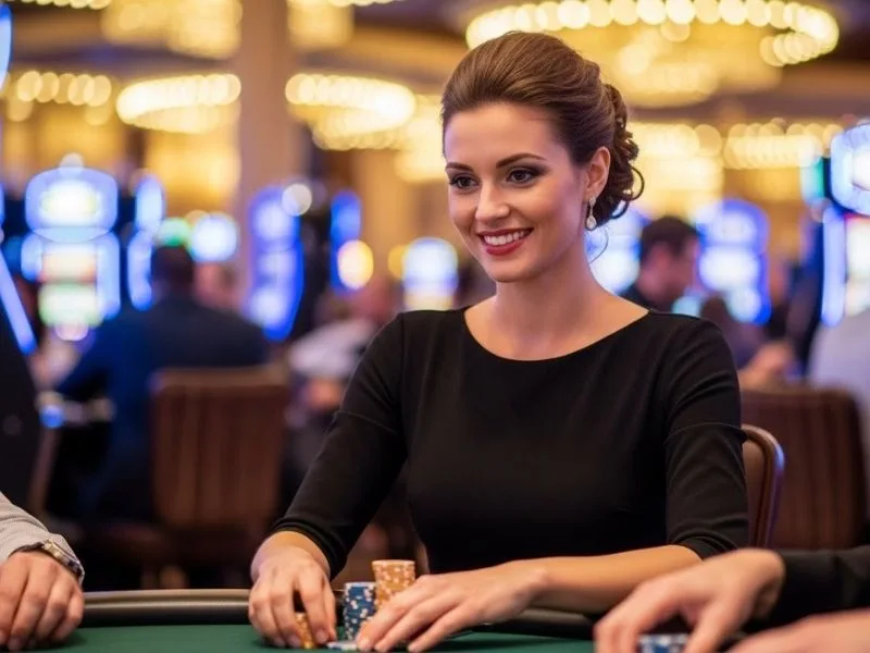 Woman happily playing poker at a physical casino table, enjoying her game while representing PH Love Slot.