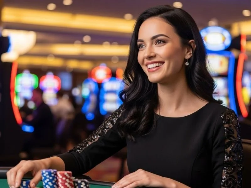 Happy woman placing a bet at a casino table while enjoying her winnings at Philwin Online Casino Hash