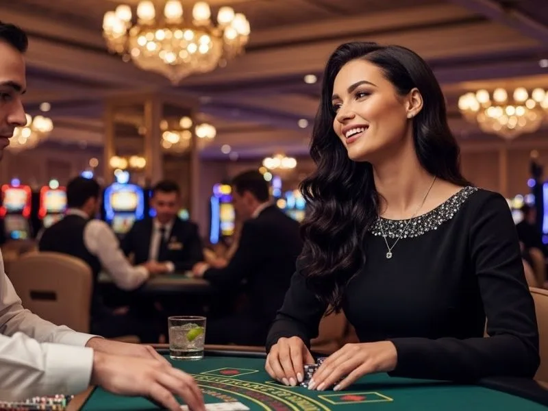Lady happily playing table games at a real casino while promoting Philwin Register online casino.