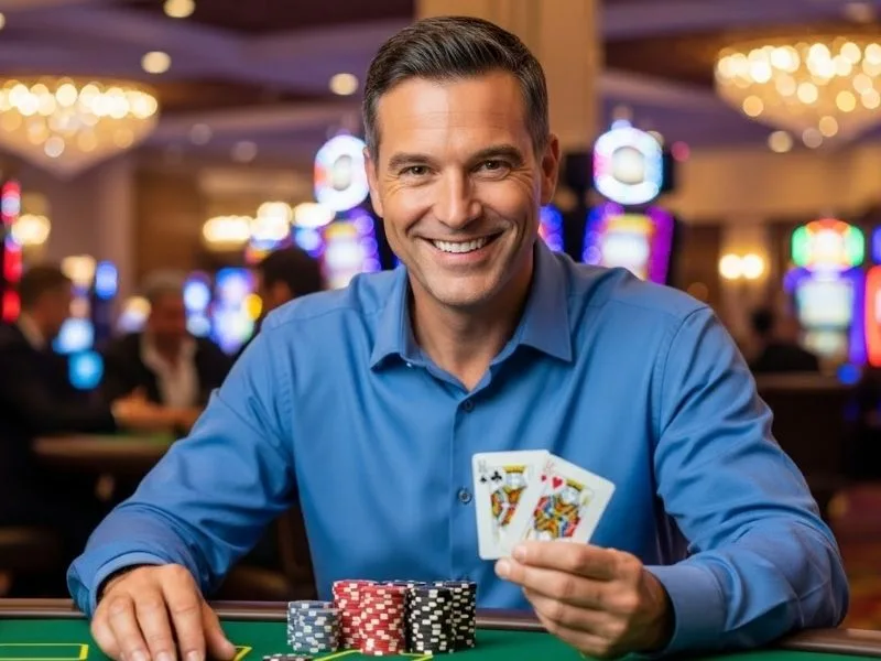 Smiling man enjoying a poker game at a physical casino while thinking about Philwin Register online casino.