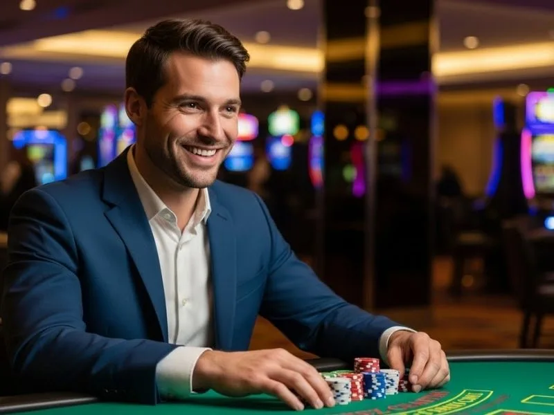 Smiling man playing with chips on a casino table, representing excitement for Philwin Register.