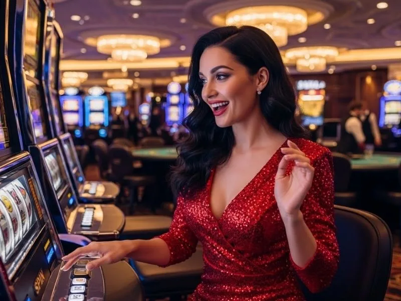 Smiling woman enjoying a slots game at a casino, representing excitement after signing up with Philwin Register.