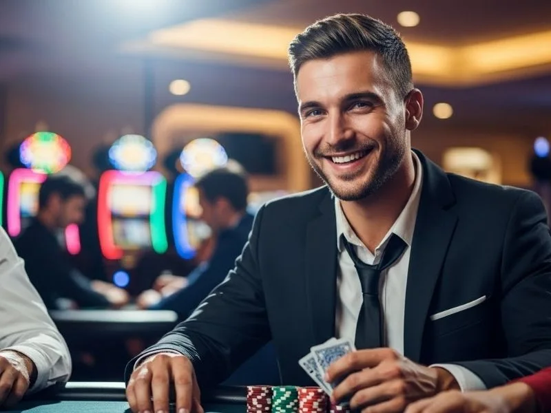 Man happily betting at a poker table in a real casino, enjoying the excitement while thinking about the Philwin website.