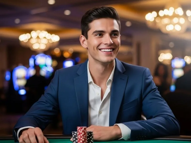 Man smiling while playing poker at a casino table, enjoying a real casino experience, associated with Philwin website.