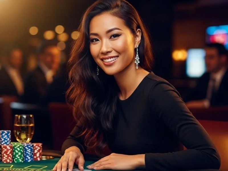 Woman smiling happily while holding casino chips at a table, enjoying a game in a physical casino, featured for Philwin website.