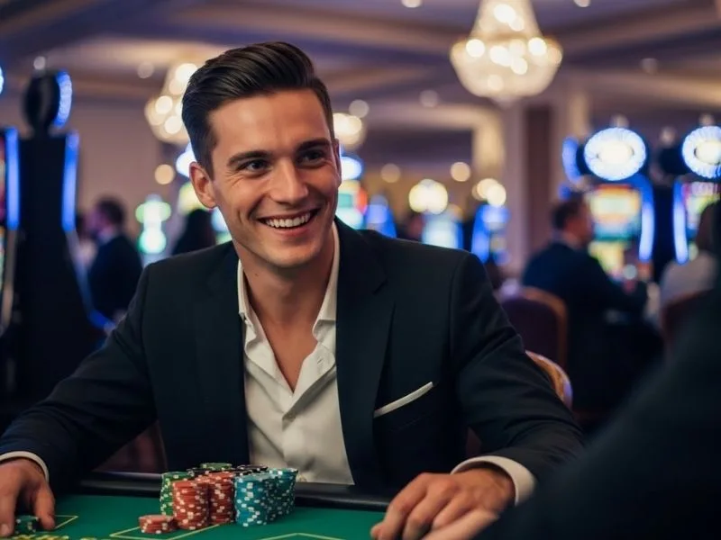 Man happily playing table games in a casino, enjoying his winnings, with Plush PH branding visible.