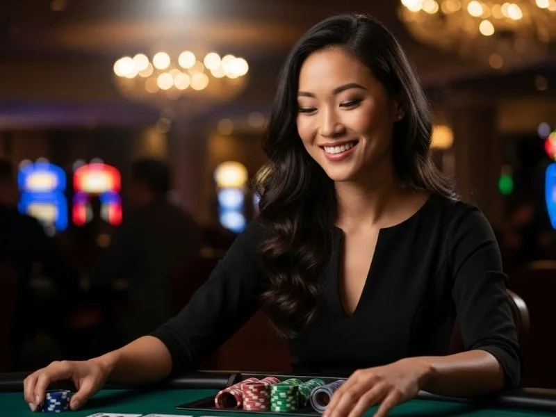 Smiling woman enjoying a poker game at a physical casino, representing a fun experience similar to Plush PH online casino.