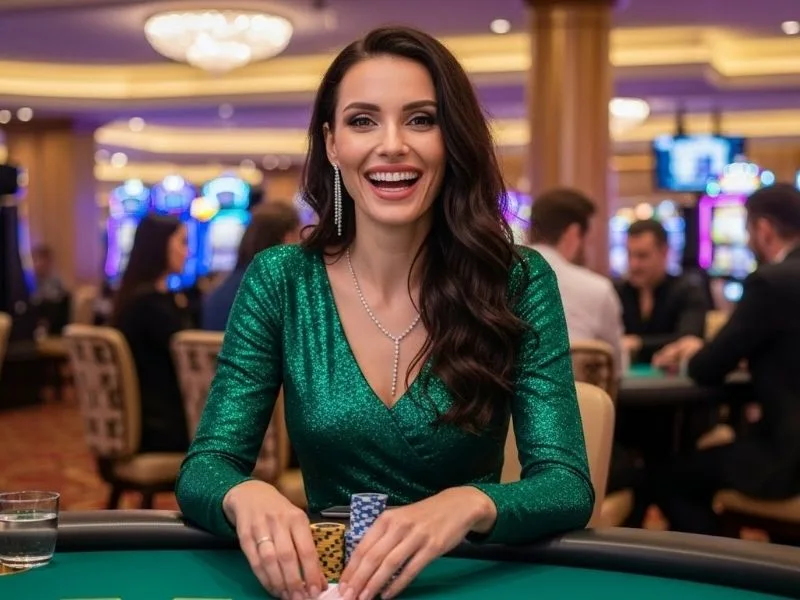 Woman smiling while playing card games at a casino, enjoying her time at Plush PH.